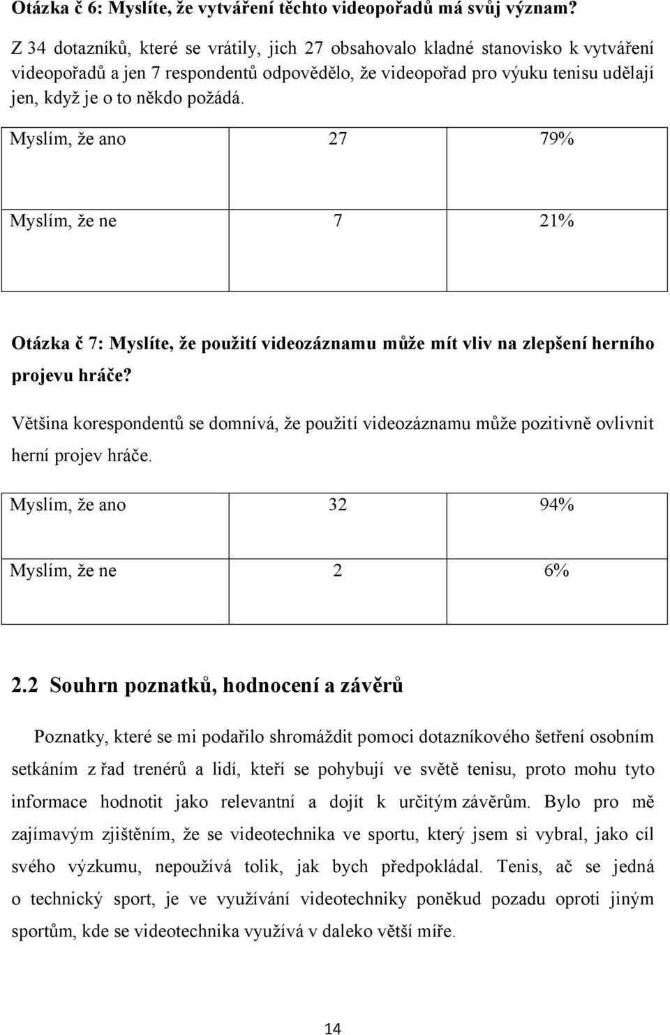 Myslím, že ano 27 79% Myslím, že ne 7 21% Otázka č 7: Myslíte, že použití videozáznamu může mít vliv na zlepšení herního projevu hráče?