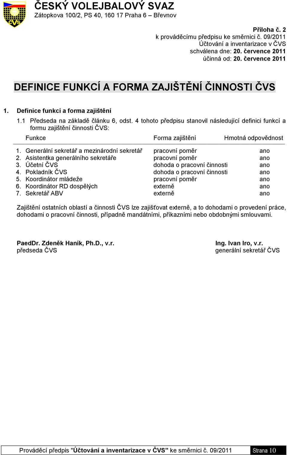 4 tohoto předpisu stanovil následující definici funkcí a formu zajištění činnosti ČVS: Funkce Forma zajištění Hmotná odpovědnost 1. Generální sekretář a mezinárodní sekretář pracovní poměr ano 2.