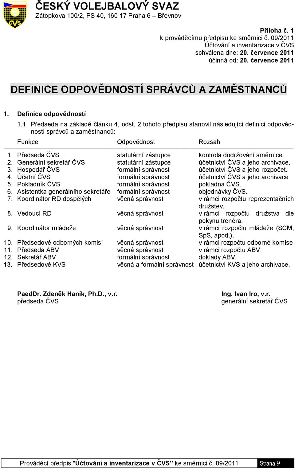 2 tohoto předpisu stanovil následující definici odpovědností správců a zaměstnanců: Funkce Odpovědnost Rozsah 1. Předseda ČVS statutární zástupce kontrola dodržování směrnice. 2.