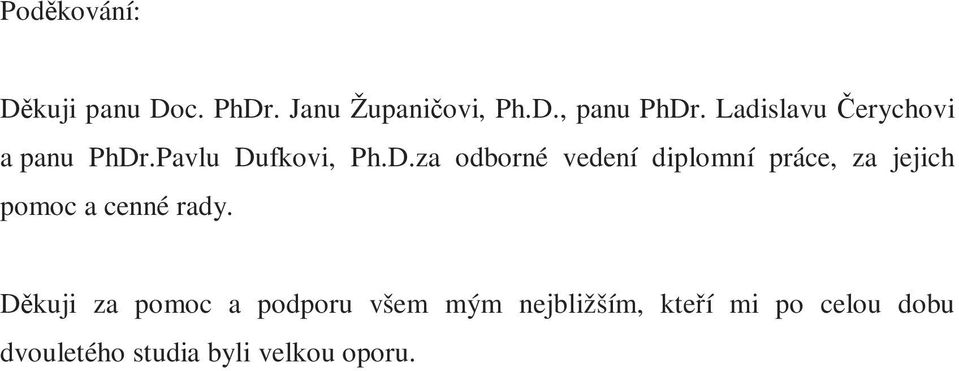 .Pavlu Dufkovi, Ph.D.za odborné vedení diplomní práce, za jejich pomoc a cenné rady.
