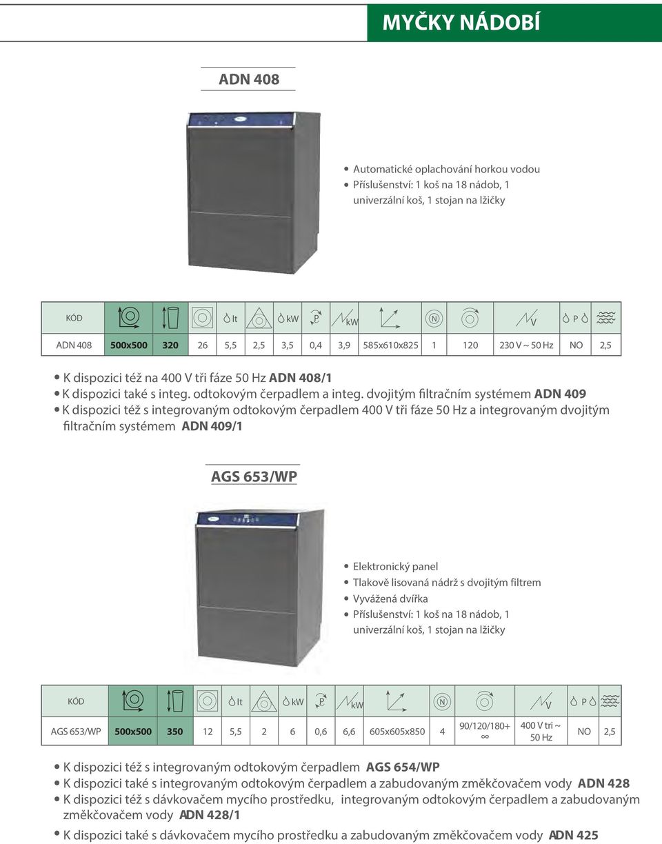 dvojitým filtračním systémem ADN 409 K dispozici též s integrovaným odtokovým čerpadlem 400 tři fáze 50 Hz a integrovaným dvojitým filtračním systémem ADN 409/1 653/W Elektronický panel Tlakově