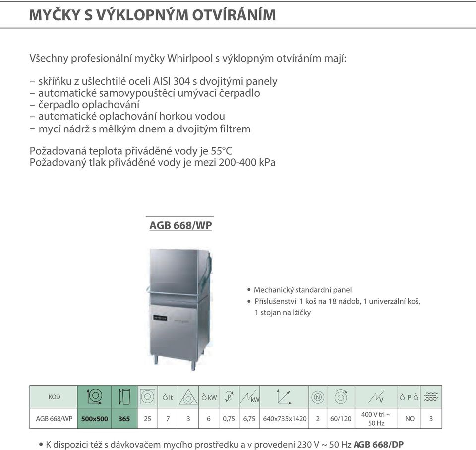 je 55 C ožadovaný tlak přiváděné vody je mezi 200-400 ka AGB 668/W Mechanický standardní panel říslušenství: 1 koš na 18 nádob, 1 univerzální koš, 1 stojan na lžičky