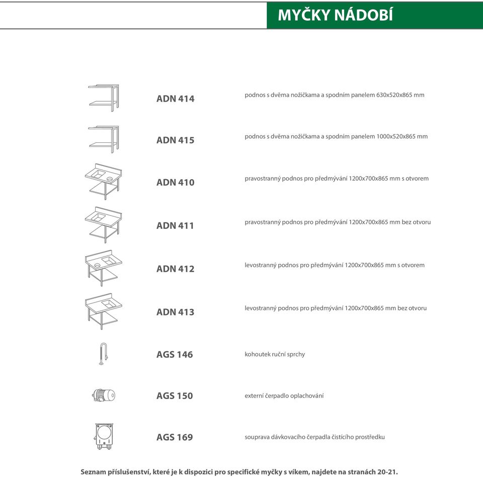 pro předmývání 1200x700x865 mm s otvorem ADN 413 levostranný podnos pro předmývání 1200x700x865 mm bez otvoru 146 kohoutek ruční sprchy 150 externí čerpadlo