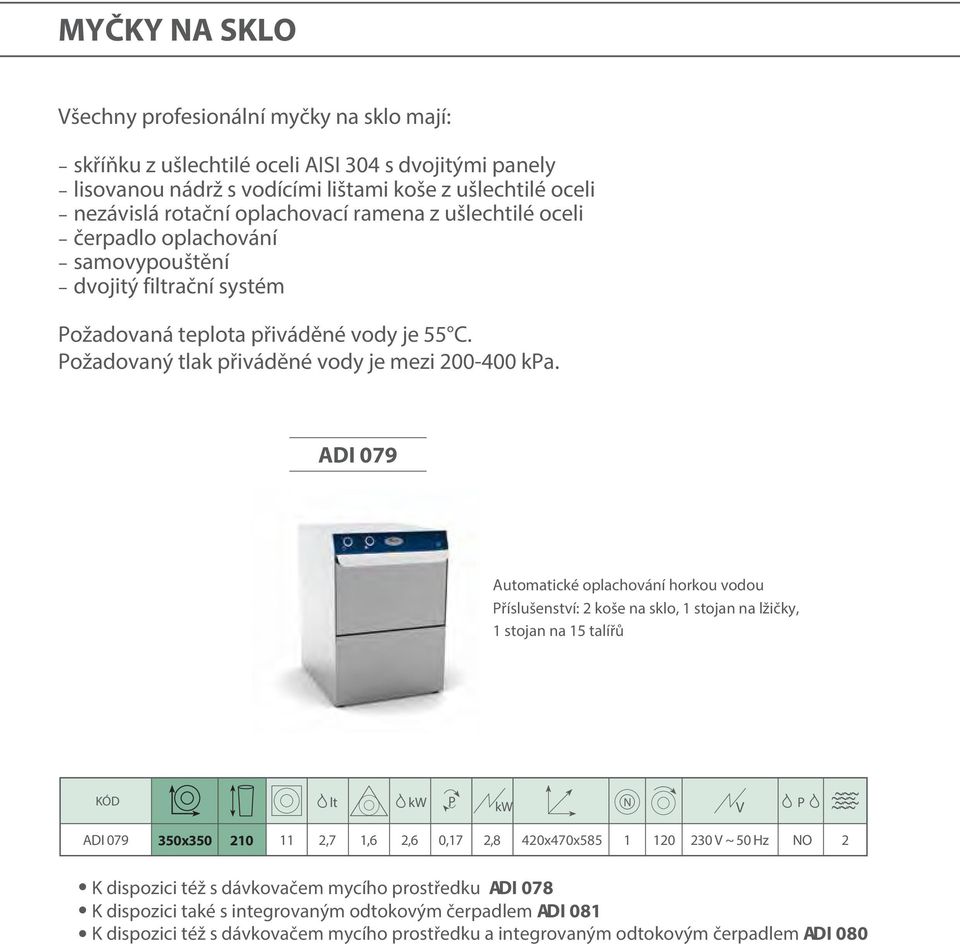 ADI 079 Automatické oplachování horkou vodou říslušenství: 2 koše na sklo, 1 stojan na lžičky, 1 stojan na 15 talířů KÓD lt kw kw N ADI 079 350x350 210 11 2,7 1,6 2,6 0,17 2,8 420x470x585 1 120 230