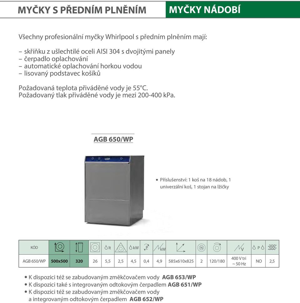 AGB 650/W říslušenství: 1 koš na 18 nádob, 1 univerzální koš, 1 stojan na lžičky KÓD lt kw kw N AGB 650/W 500x500 320 26 5,5 2,5 4,5 0,4 4,9 585x610x825 2 120/180 K dispozici též se