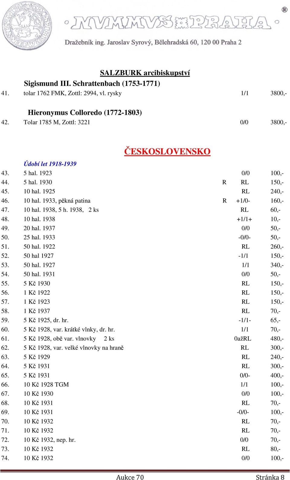 10 hal. 1938, 5 h. 1938, 2 ks RL 60,- 48. 10 hal. 1938 +1/1+ 10,- 49. 20 hal. 1937 0/0 50,- 50. 25 hal. 1933-0/0-50,- 51. 50 hal. 1922 RL 260,- 52. 50 hal 1927-1/1 150,- 53. 50 hal. 1927 1/1 340,- 54.