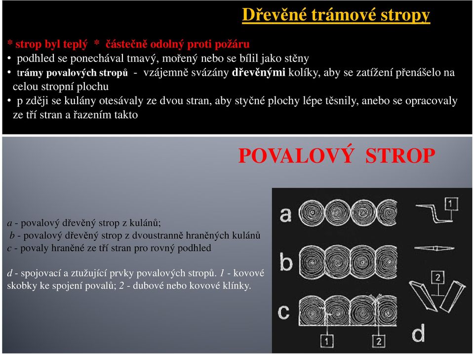 opracovaly ze tří stran a řazením takto POVALOVÝ STROP a - povalový dřevěný strop z kulánů; b - povalový dřevěný strop z dvoustranně hraněných kulánů c -