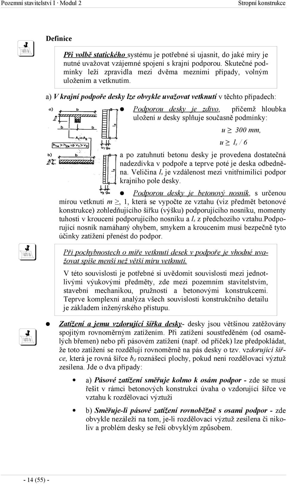 a) V krajní podpoře desky lze obvykle uvažovat vetknutí v těchto případech: Podporou desky je zdivo, přičemž hloubka uložení u desky splňuje současně podmínky: u 300 mm, u ls / 6 a po zatuhnutí