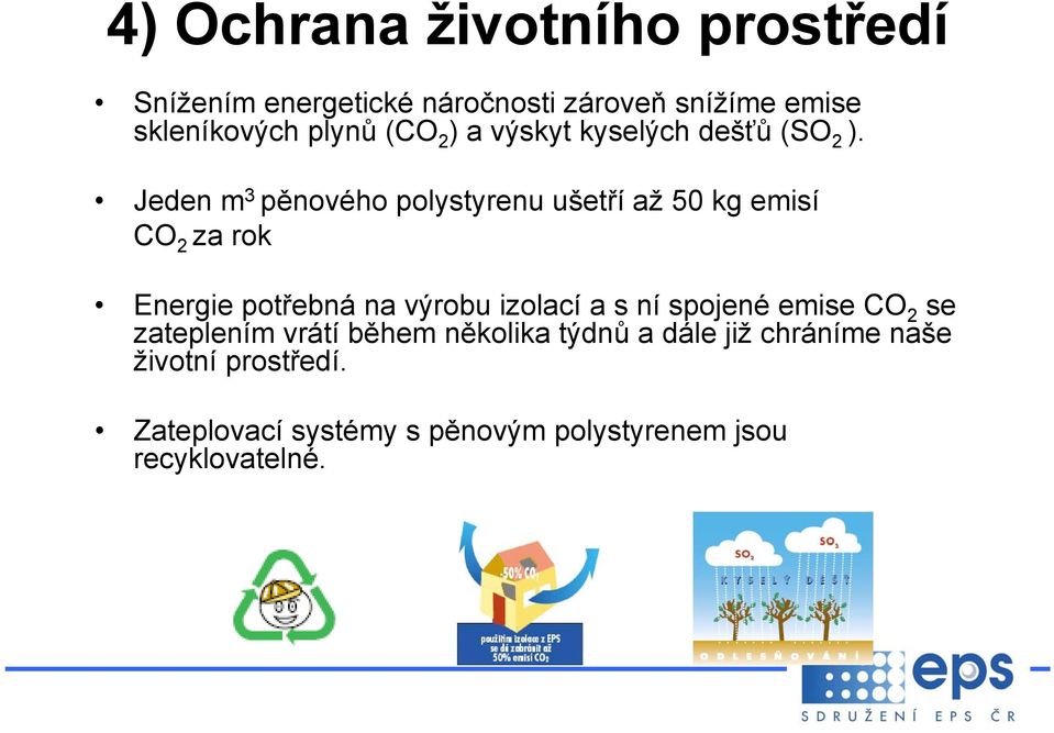 Jeden m 3 pěnového polystyrenu ušetří až50 kg emisí CO 2 za rok Energie potřebná na výrobu izolací a s