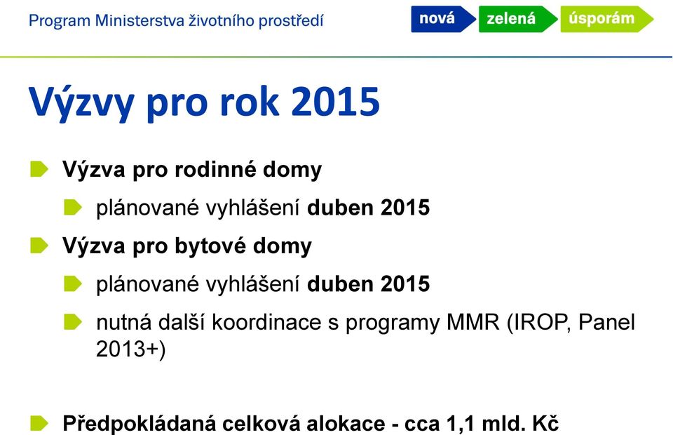 vyhlášení duben 2015 nutná další koordinace s programy