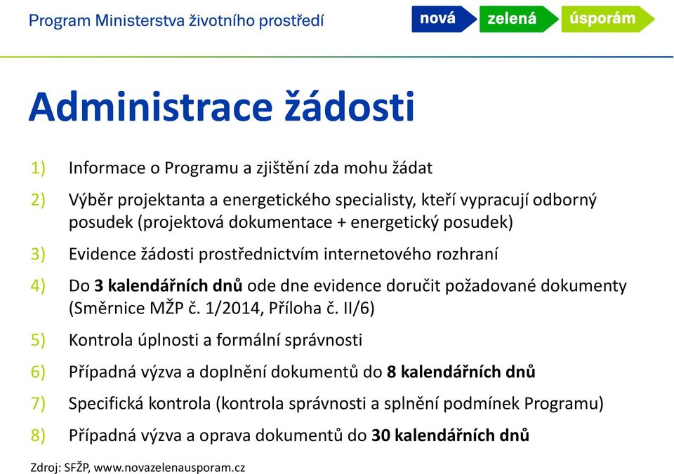 evidence doručit požadované dokumenty (Směrnice MŽP č. 1/2014, Příloha č.