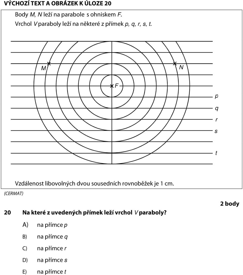 M N F p q r s t Vzdálenost libovolných dvou sousedních rovnoběžek je 1 cm.