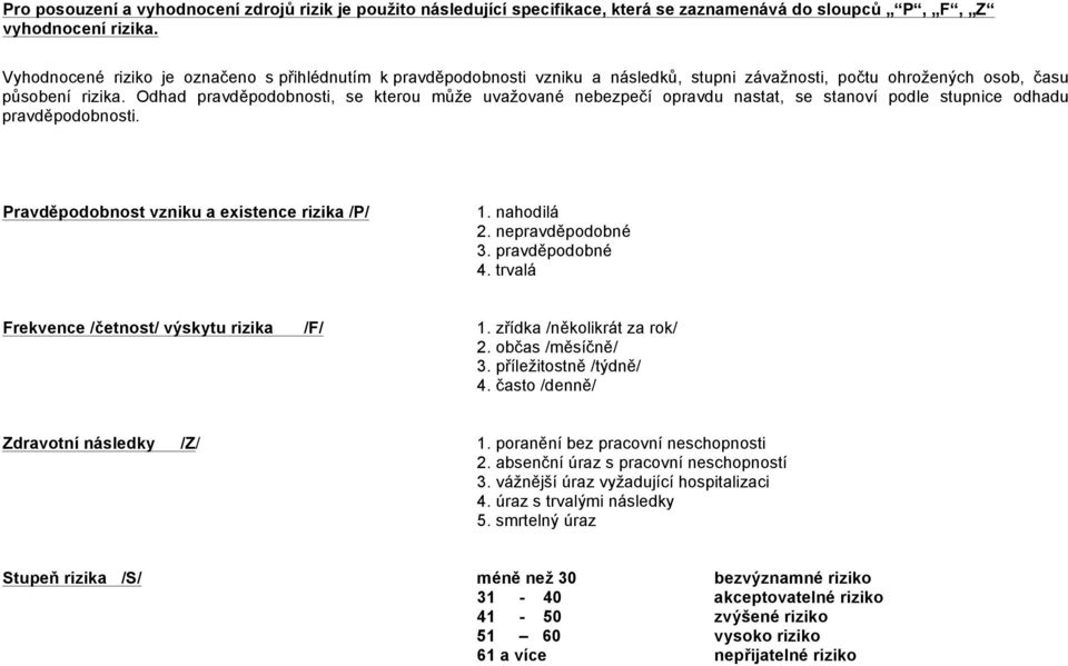 Odhad pravděpodobnosti, se kterou může uvažované nebezpečí opravdu nastat, se stanoví podle stupnice odhadu pravděpodobnosti. Pravděpodobnost vzniku a existence rizika /P/ 1. nahodilá 2.