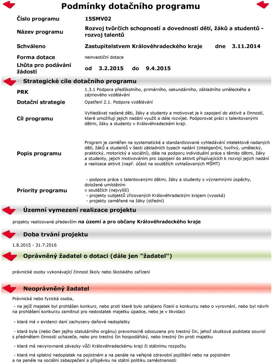 1. Podpora vzdělávání Cíl programu Vyhledávat nadané děti, žáky a studenty a motivovat je k zapojení do aktivit a činností, které umožňují jejich nadání využít a dále rozvíjet.