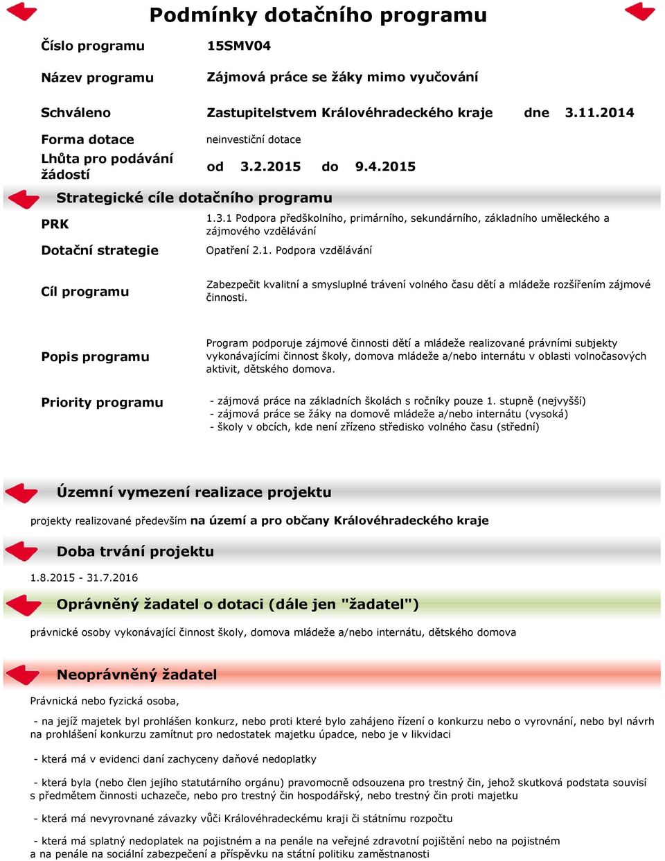 1. Podpora vzdělávání Cíl programu Zabezpečit kvalitní a smysluplné trávení volného času dětí a mládeže rozšířením zájmové činnosti.