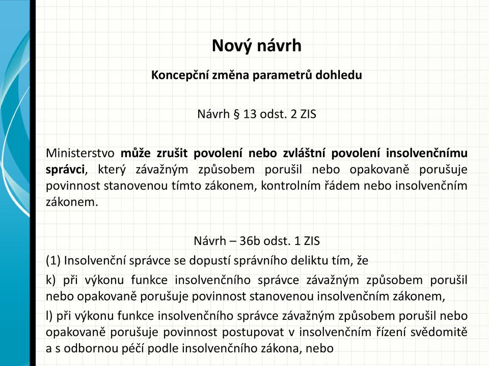 zákonem, kontrolním řádem nebo insolvenčním zákonem. Návrh 36b odst.