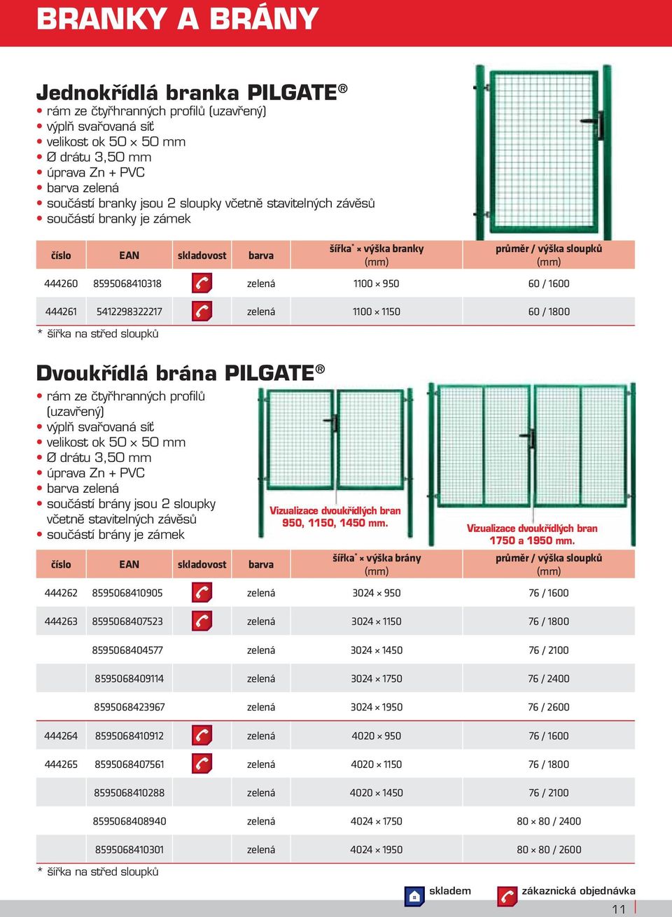 1100 1150 60 / 1800 * šířka na střed sloupků Dvoukřídlá brána PILGATE rám ze čtyřhranných profilů (uzavřený) výplň svařovaná síť velikost ok 50 50 mm Ø drátu 3,50 mm úprava Zn + PVC barva zelená