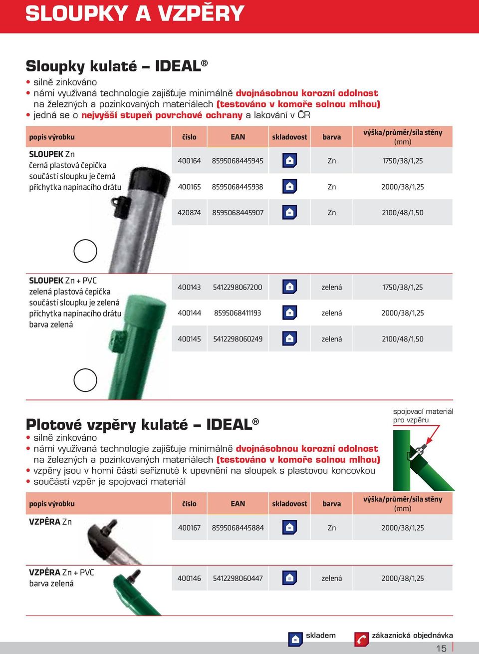 výška/průměr/síla stěny 400164 8595068445945 Zn 1750/38/1,25 400165 8595068445938 Zn 2000/38/1,25 420874 8595068445907 Zn 2100/48/1,50 SLOUPEK Zn + PVC zelená plastová čepička součástí sloupku je