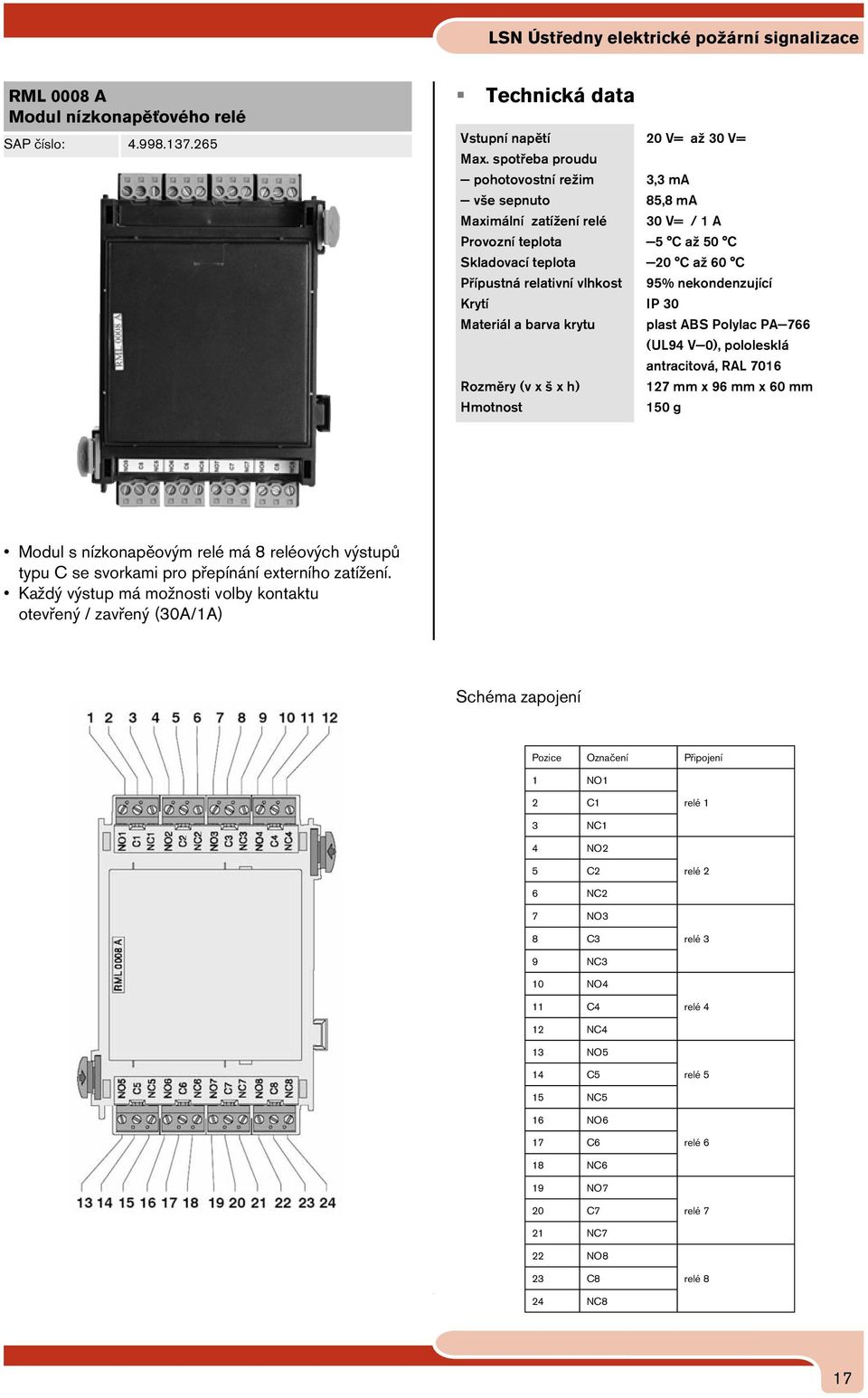 nekondenzující Krytí IP 30 Materiál a barva krytu plast ABS Polylac PA 766 (UL94 V 0), pololesklá antracitová, RAL 7016 Rozměry (v x š x h) 127 mm x 96 mm x 60 mm 150 g Modul s nízkonapěovým relé má