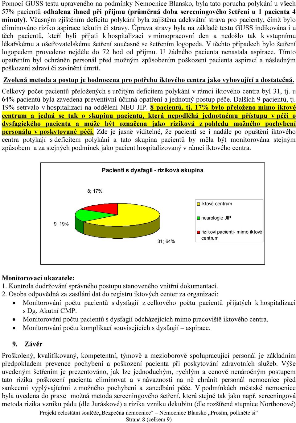 Úprava stravy byla na základě testu GUSS indikována i u těch pacientů, kteří byli přijati k hospitalizaci v mimopracovní den a nedošlo tak k vstupnímu lékařskému a ošetřovatelskému šetření současně