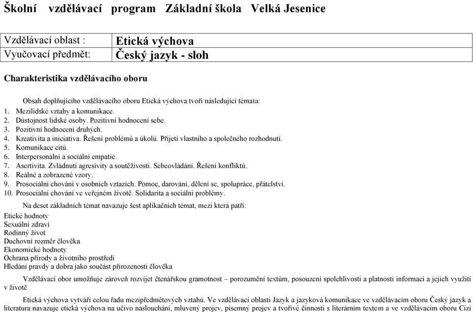 Řešení problémů a úkolů. Přijetí vlastního a společného rozhodnutí. 5. Komunikace citů. 6. Interpersonální a sociální empatie. 7. Asertivita. Zvládnutí agresivity a soutěživosti. Sebeovládání.