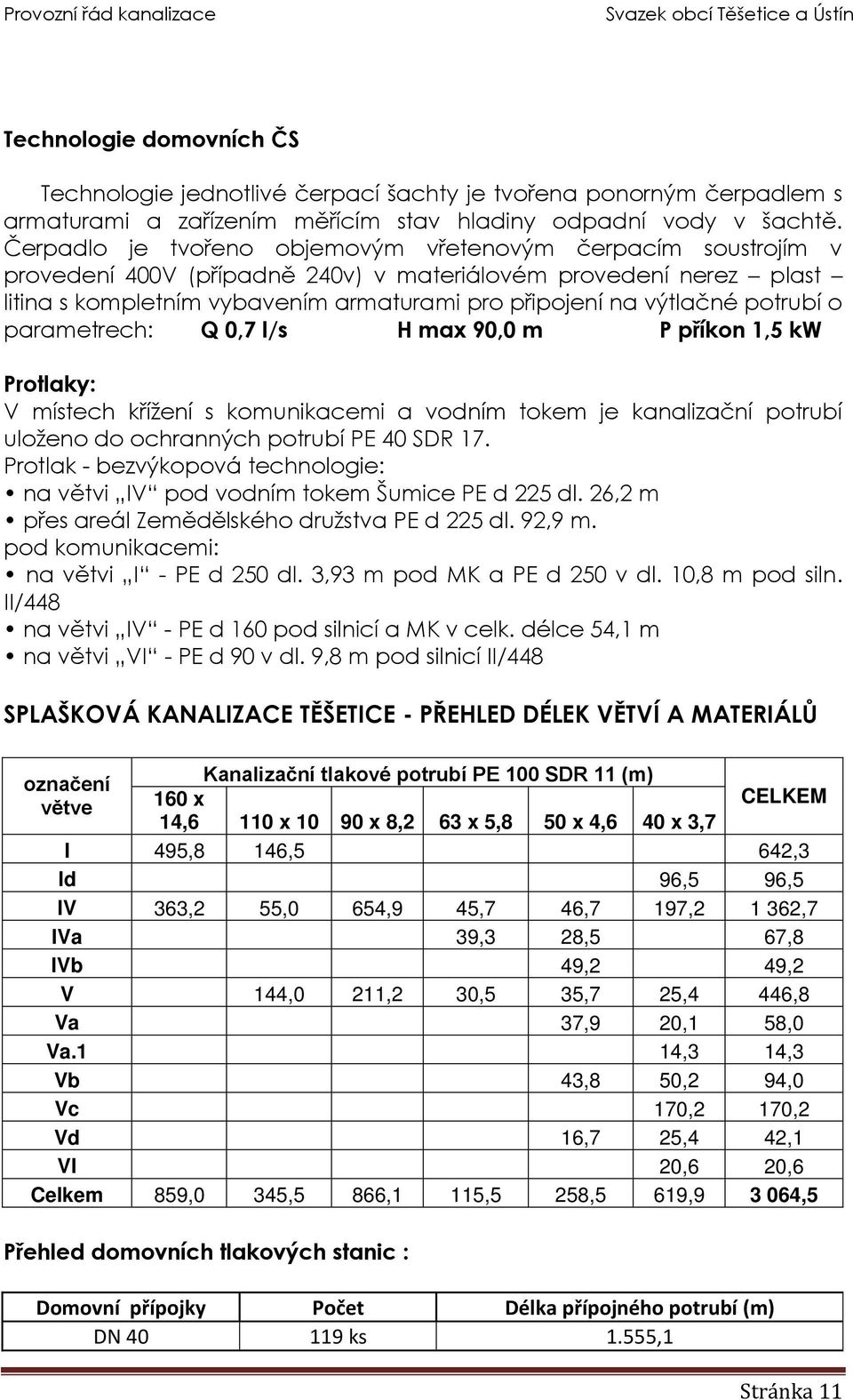 potrubí o parametrech: Q 0,7 l/s H max 90,0 m P příkon 1,5 kw Protlaky: V místech křížení s komunikacemi a vodním tokem je kanalizační potrubí uloženo do ochranných potrubí PE 40 SDR 17.