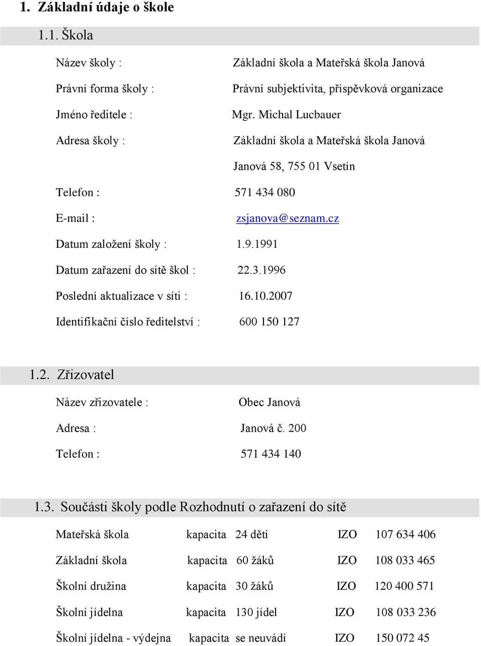 10.2007 Identifikační číslo ředitelství : 600 150 127 1.2. Zřizovatel Název zřizovatele : Obec Janová Adresa : Janová č. 200 Telefon : 571 434