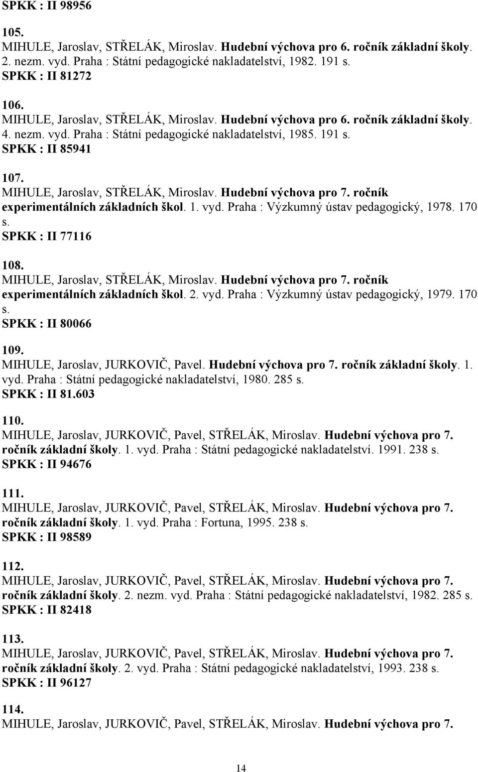 MIHULE, Jaroslav, STŘELÁK, Miroslav. Hudební výchova pro 7. ročník experimentálních základních škol. 1. vyd. Praha : Výzkumný ústav pedagogický, 1978. 170 s. SPKK : II 77116 108.