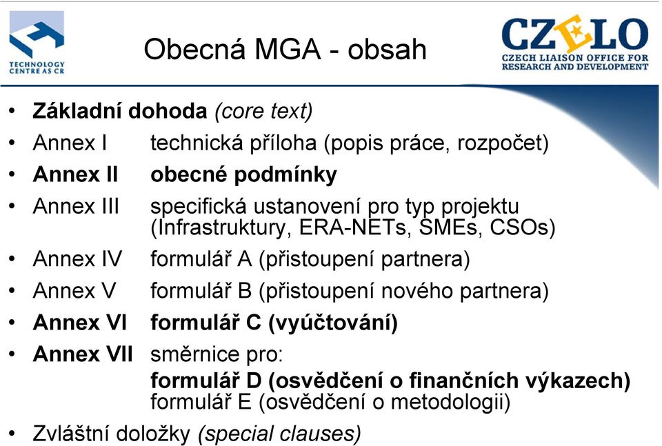 (přistoupení partnera) Annex V formulář B (přistoupení nového partnera) Annex VI formulář C (vyúčtování) Annex VII