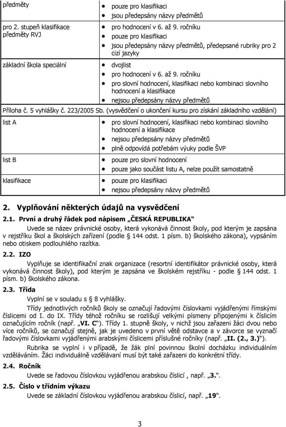 speciální dvojlist Příloha č. 5 vyhlášky č. 223/2005 Sb.