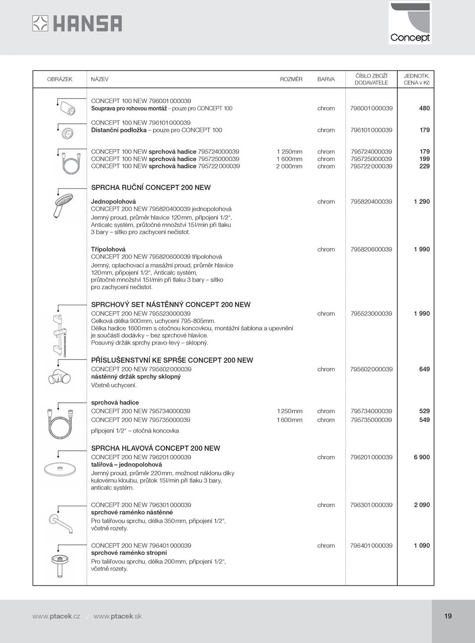 795725000039 795722 000039 179 199 229 SPRCHA RUČNÍ CONCEPT 200 NEW Jednopolohová CONCEPT 200 NEW 795820400039 jednopolohová Jemný proud, průměr hlavice 120 mm, připojení 1/2, Anticalc systém,