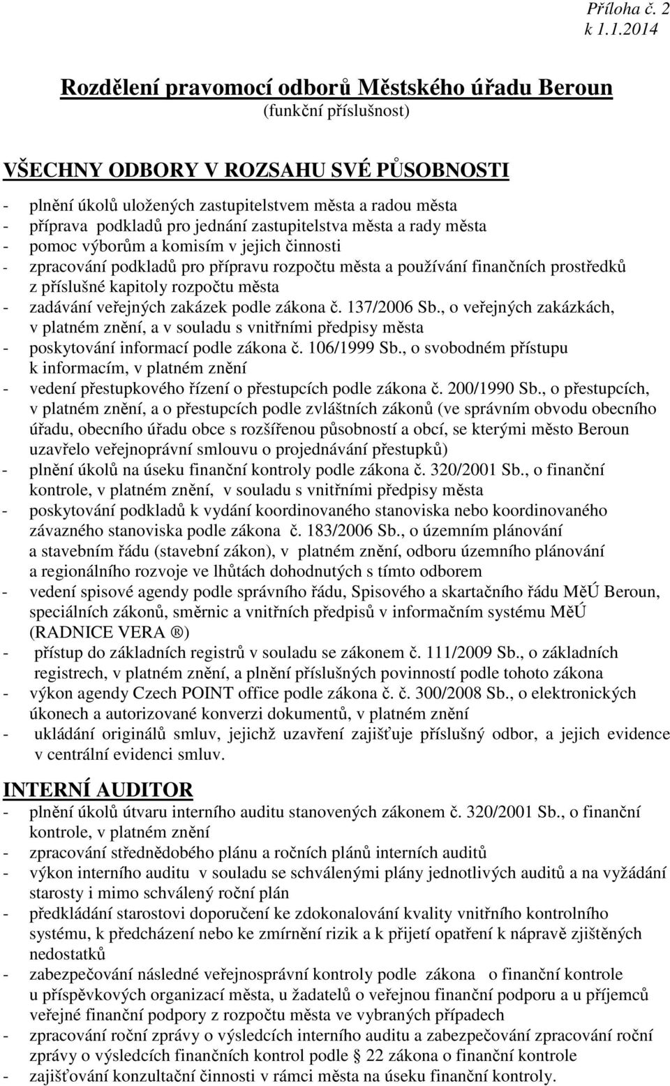 města - zadávání veřejných zakázek podle zákona č. 137/2006 Sb., o veřejných zakázkách, v platném znění, a v souladu s vnitřními předpisy města - poskytování informací podle zákona č. 106/1999 Sb.