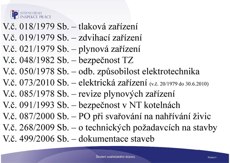 2010) V.č. 085/1978 Sb. revize plynových zařízení V.č. 091/1993 Sb. bezpečnost v NT kotelnách V.č. 087/2000 Sb.