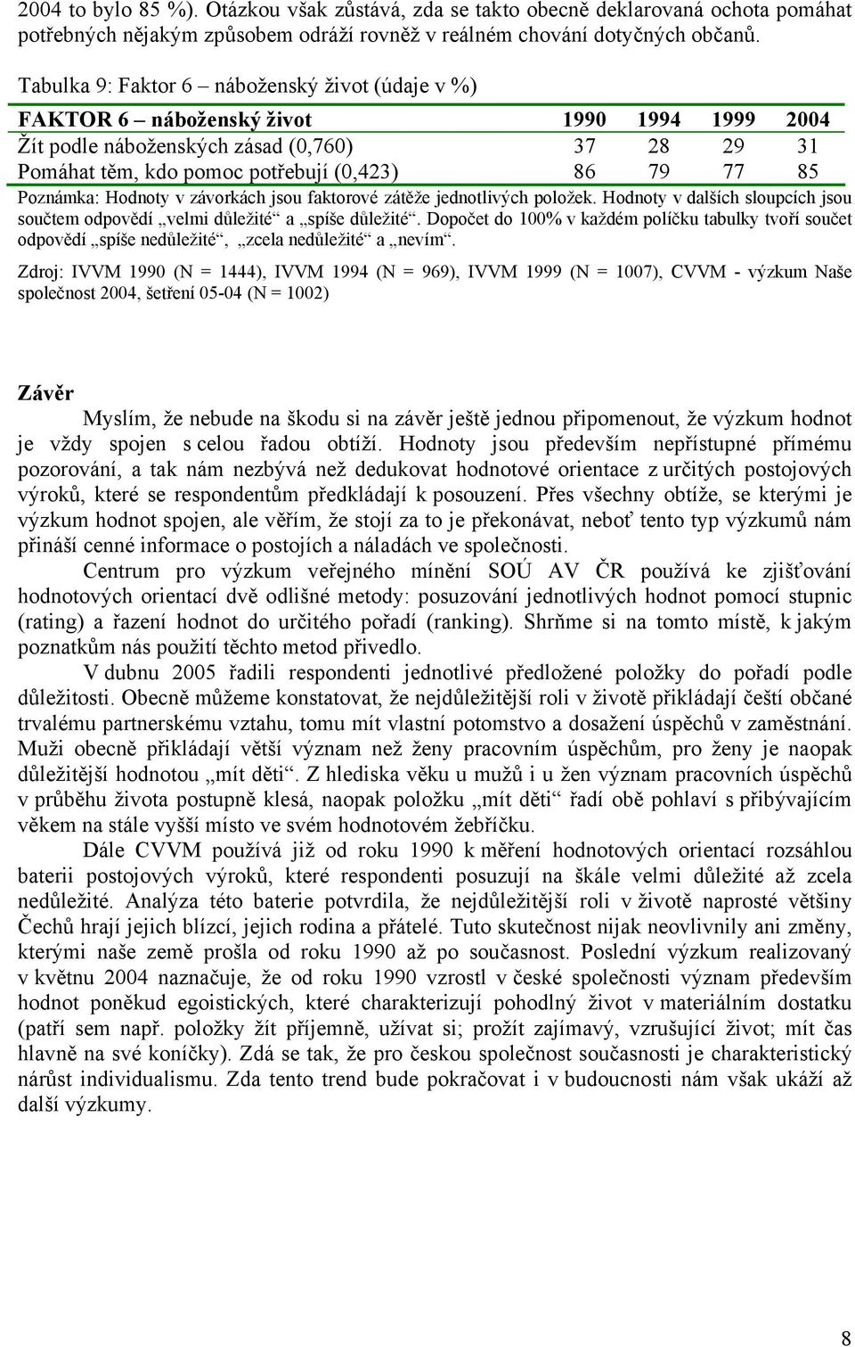 Závěr Myslím, že nebude na škodu si na závěr ještě jednou připomenout, že výzkum hodnot je vždy spojen s celou řadou obtíží.