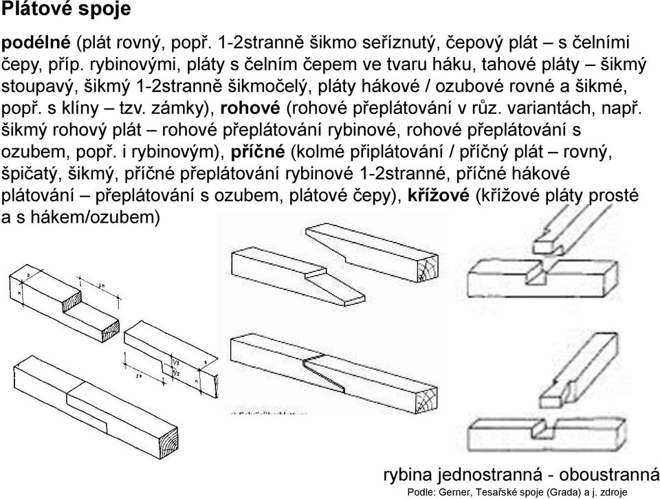 zámky), rohové (rohové přeplátování v růz. variantách, např. šikmý rohový plát rohové přeplátování rybinové, rohové přeplátování s ozubem, popř.