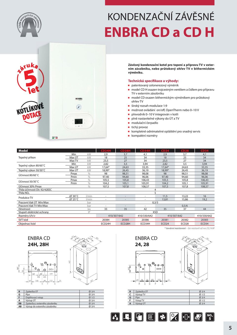 modulace 1:9 možnost ovládání on/off, OpenTherm nebo 0 10 V převodník 0 10 V integrován v kotli plně nastavitelné výkony do ÚT a TV modulační čerpadlo tichý provoz kompletně odnímatelné opláštění pro