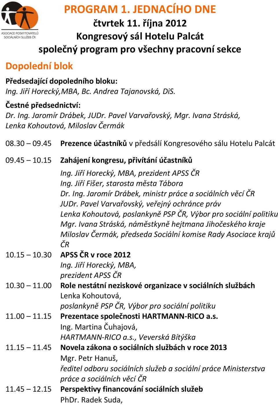 45 Prezence účastníků v předsálí Kongresového sálu Hotelu Palcát 09.45 10.15 Zahájení kongresu, přivítání účastníků 10.15 10.30 10.30 11.00 Ing. Jiří Horecký, MBA, prezident APSS ČR Ing.