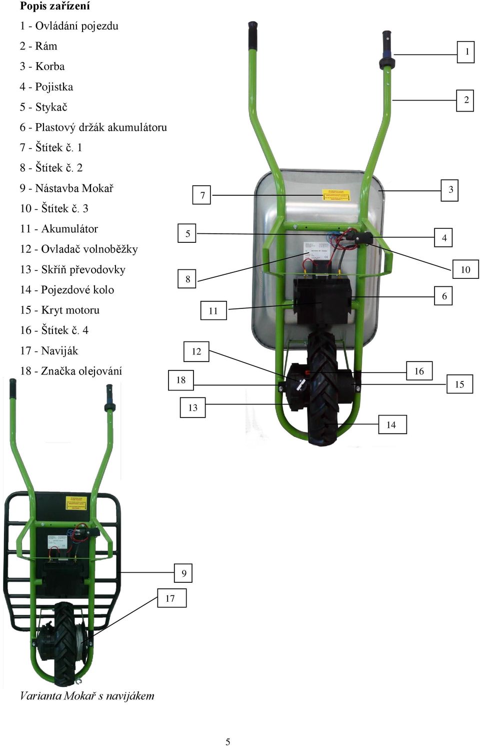3 - Akumulátor 2 - Ovladač volnoběţky 5 7 6 4 4 3 3 - Skříň převodovky 4 - Pojezdové kolo 5 - Kryt