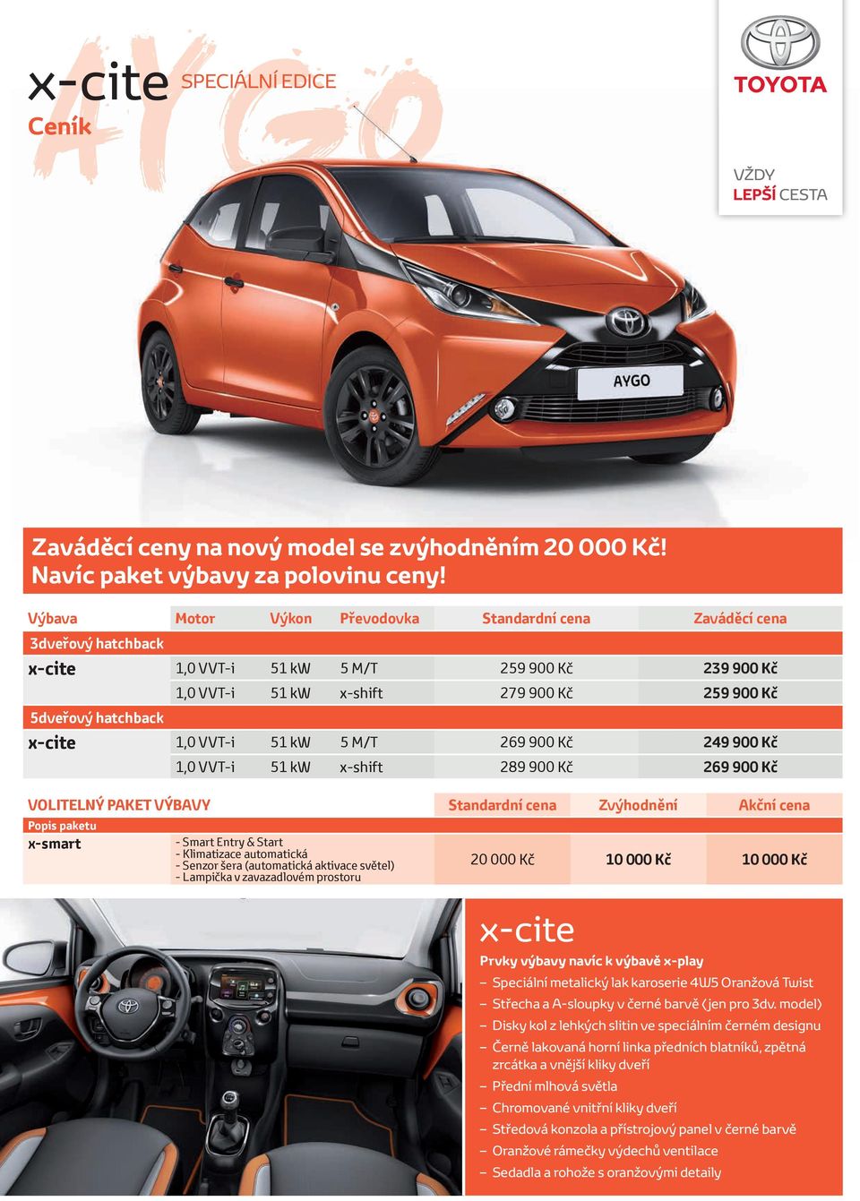 Akční cena Popis paketu x-smart 1,0 VVT-i 51 kw x-shift 279 900 Kč 259 900 Kč x-cite 1,0 VVT-i 51 kw 5 M/T 269 900 Kč 249 900 Kč 1,0 VVT-i 51 kw x-shift 289 900 Kč 269 900 Kč - Smart Entry & Start -