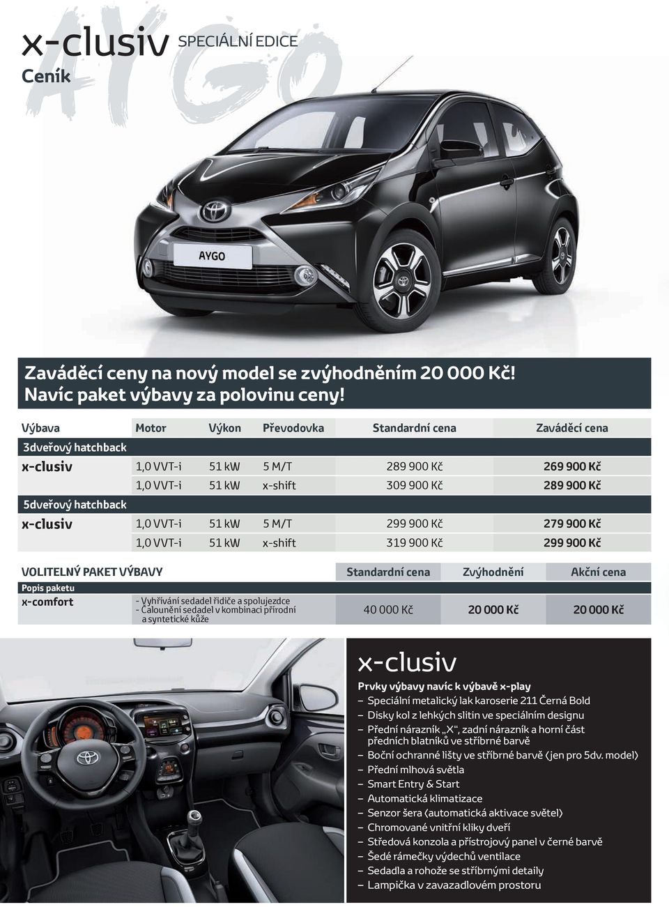 Zvýhodnění Akční cena Popis paketu x-comfort 1,0 VVT-i 51 kw x-shift 309 900 Kč 289 900 Kč x-clusiv 1,0 VVT-i 51 kw 5 M/T 299 900 Kč 279 900 Kč 1,0 VVT-i 51 kw x-shift 319 900 Kč 299 900 Kč -