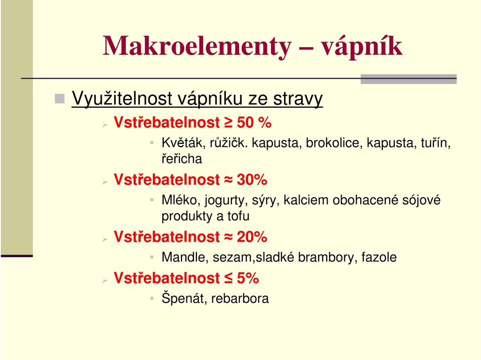 kapusta, brokolice, kapusta, tuřín, řeřicha Vstřebatelnost 30% Mléko,