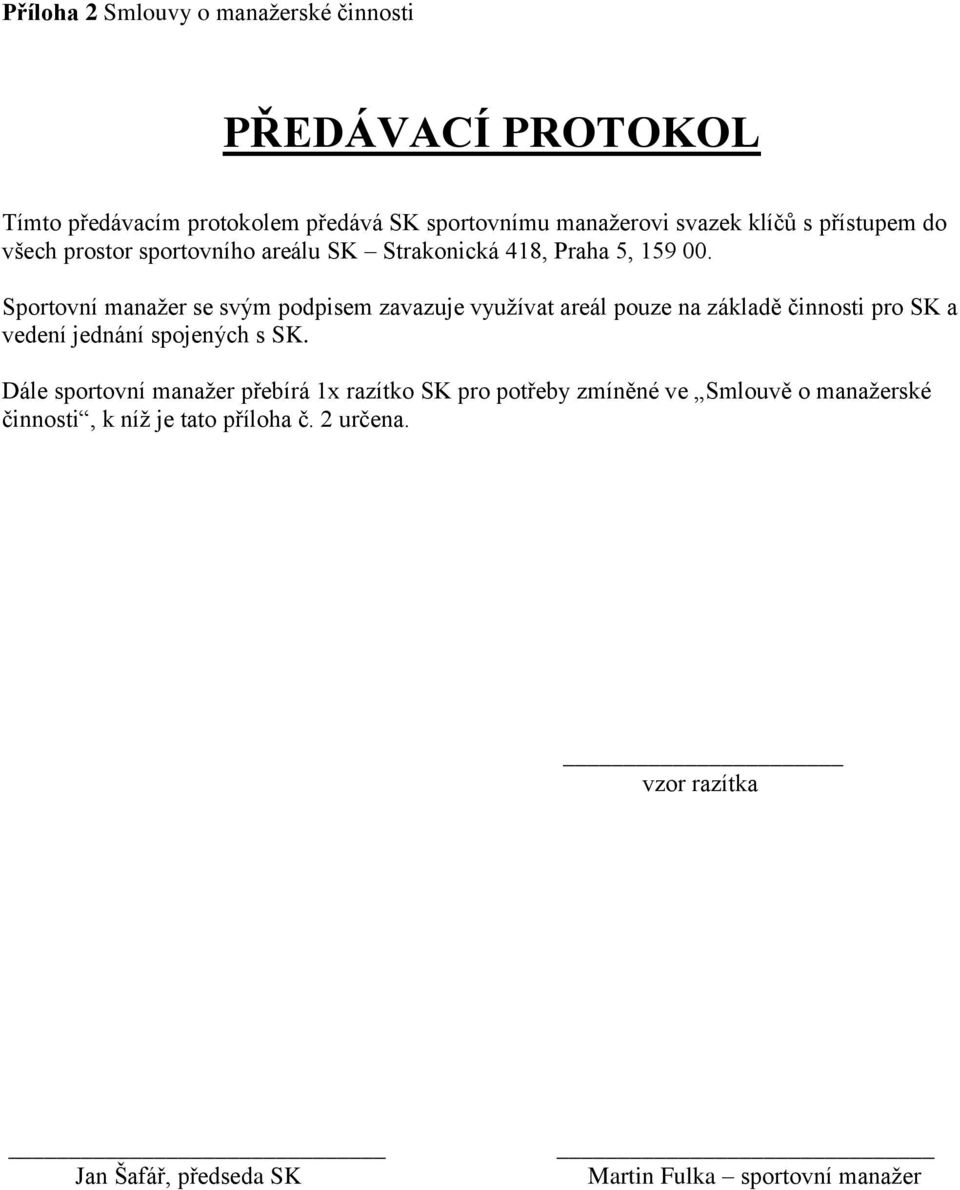 Sportovní manažer se svým podpisem zavazuje využívat areál pouze na základě činnosti pro SK a vedení jednání spojených s SK.
