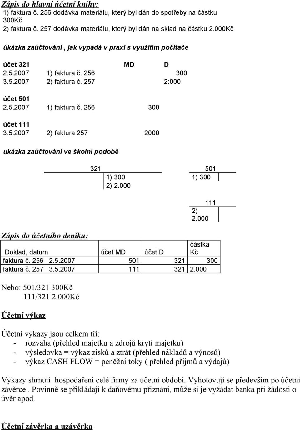 000 111 2) 2.000 Zápis do účetního deníku: Doklad, datum účet MD účet D částka Kč faktura č. 256 2.5.2007 501 321 300 faktura č. 257 3.5.2007 111 321 2.000 Nebo: 501/321 300Kč 111/321 2.