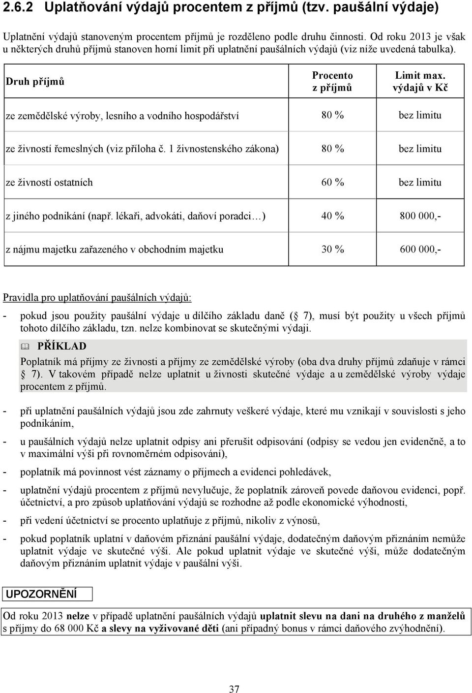 výdajů v ze zemědělské výroby, lesního a vodního hospodářství 80 % bez limitu ze živností řemeslných (viz příloha č.