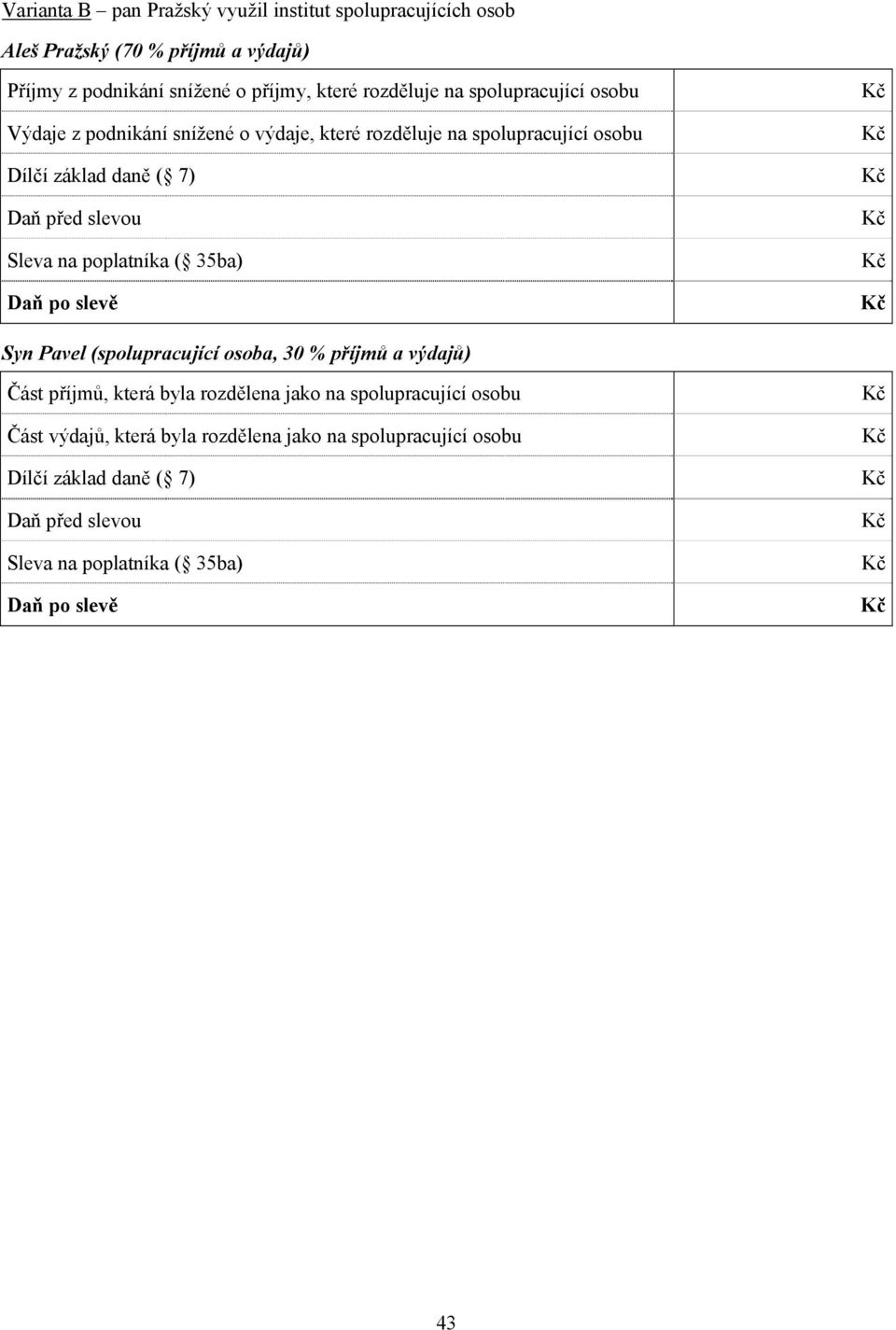 slevou Sleva na poplatníka ( 35ba) Daň po slevě Syn Pavel (spolupracující osoba, 30 % příjmů a výdajů) Část příjmů, která byla rozdělena jako na