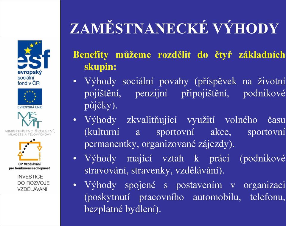 Výhody zkvalitňující využití volného času (kulturní a sportovní akce, sportovní permanentky, organizované zájezdy).