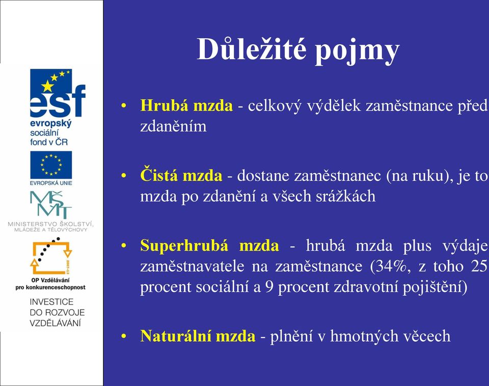 mzda - hrubá mzda plus výdaje zaměstnavatele na zaměstnance (34%, z toho 25