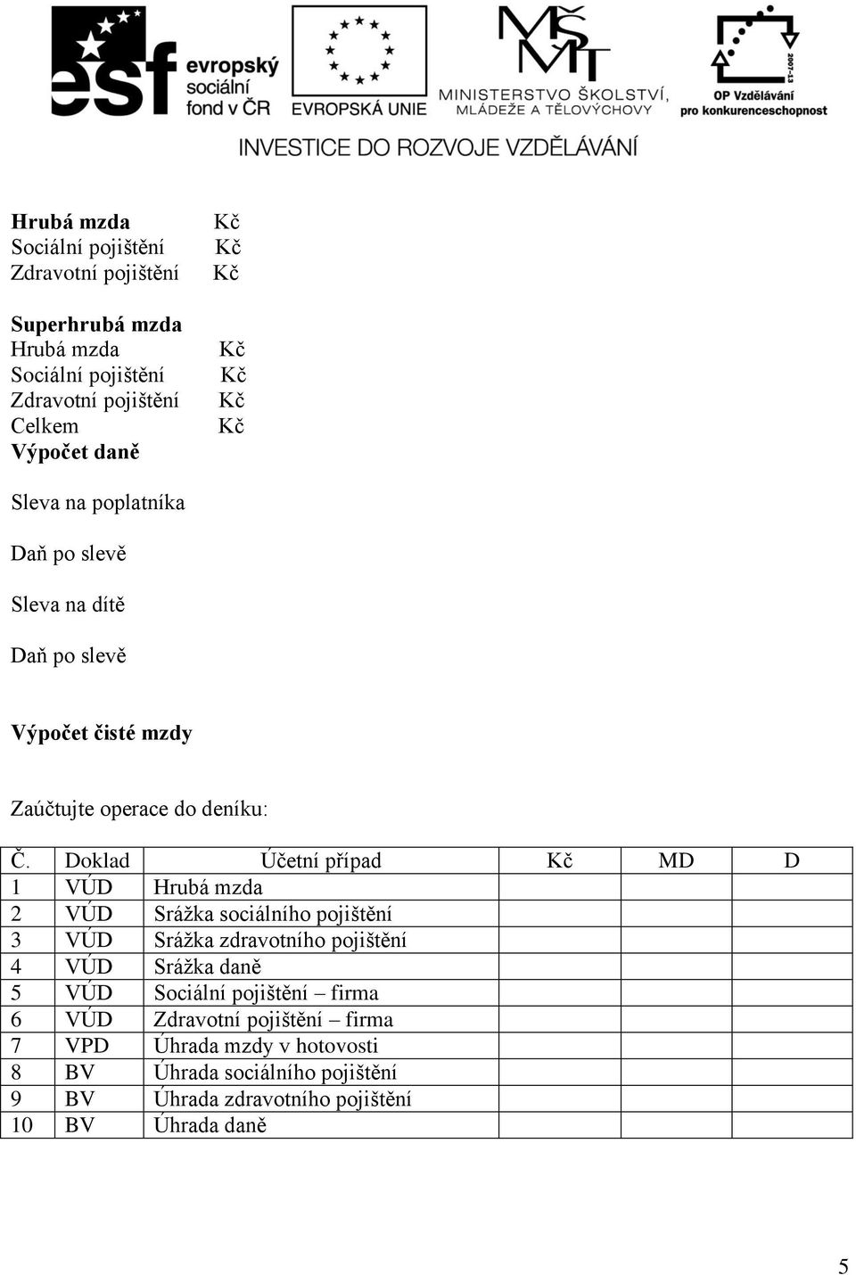 Dklad Účetní případ MD D 1 VÚD Hrubá mzda 2 VÚD Srážka sciálníh pjištění 3 VÚD Srážka zdravtníh pjištění 4 VÚD Srážka daně 5 VÚD