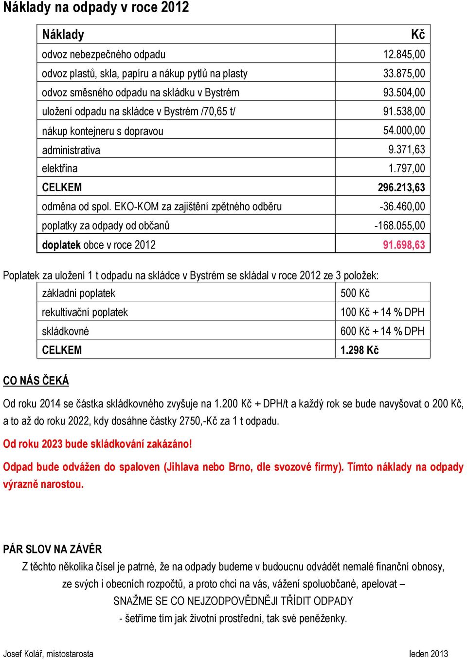EKO-KOM za zajištění zpětného odběru -36.460,00 poplatky za odpady od občanů -168.055,00 doplatek obce v roce 2012 91.