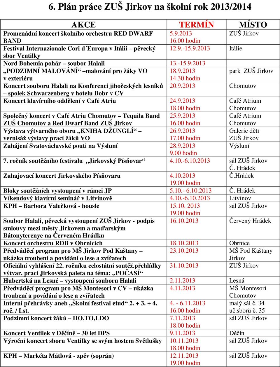 30 hodin Koncert souboru Halali na Konferenci jihočeských lesníků 20.9.2013 Chomutov spolek Schwarzenberg v hotelu Bobr v CV Koncert klavírního oddělení v Café Atriu 24.9.2013 18.